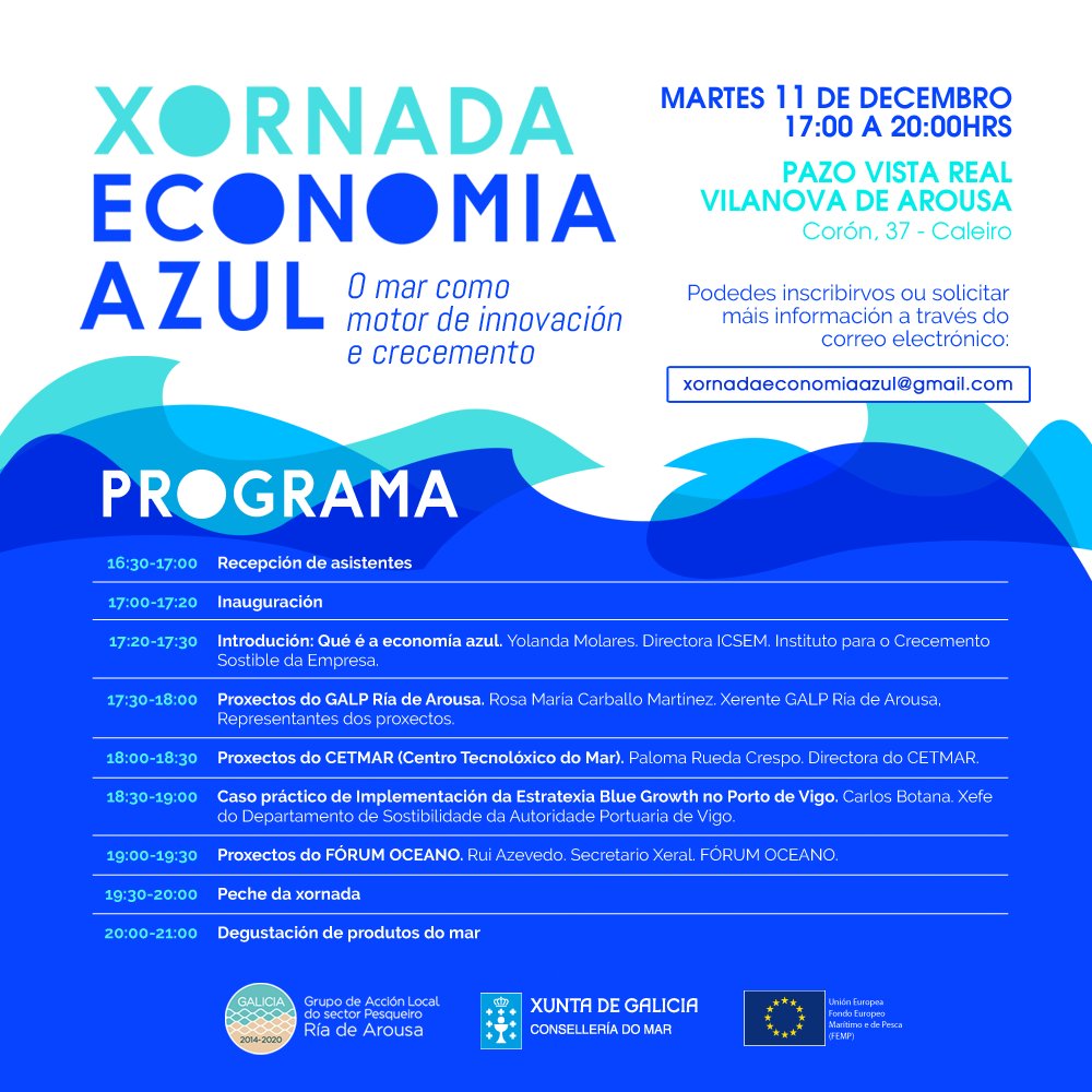 GALPRiadeArousa's tweet image. ⏳ ÚLTIMO AVISO PARA INSCRIBIRSE!
Mañá celebramos a Xornada de #EconomíaAzul en @conce_vilanova. Intervirán #ICSEM, @FundacionCETMAR, @Puerto_de_Vigo e @forumoceano | Abrirá a xornada a directora xeral de Desenvolvemento Pesqueiro da @Xunta 👉 i.gal/v7Ovt