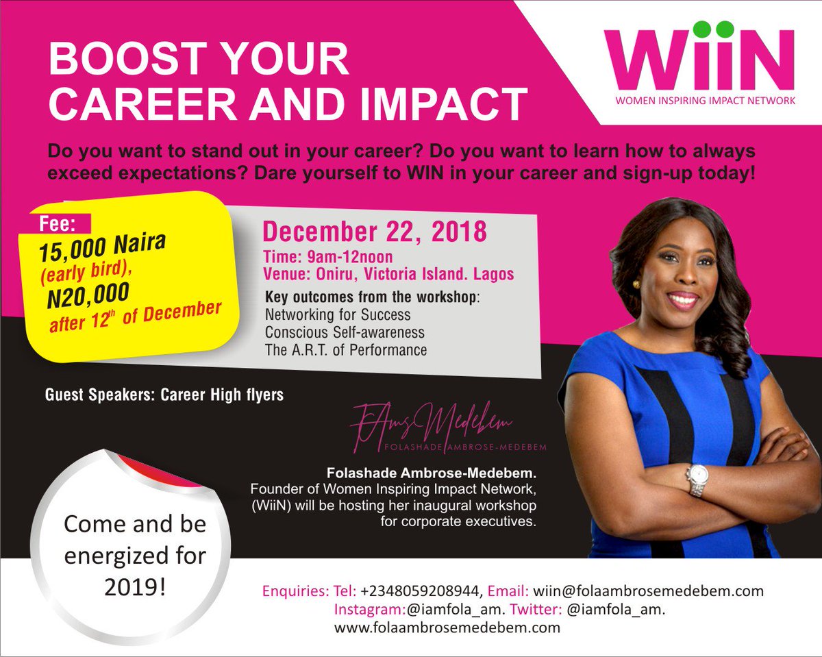Remember: Network, Connect, Engage, Bank

Learn more about networking for success at my Boost Your Career and Impact Workshop.
December 22, 2018
Oniru, VI
9am - 12noon
wiin@folaambrosemedebem.com to book 
#eventsinlagos #careerworkshop #networking #boostyourcareer #careersuccess