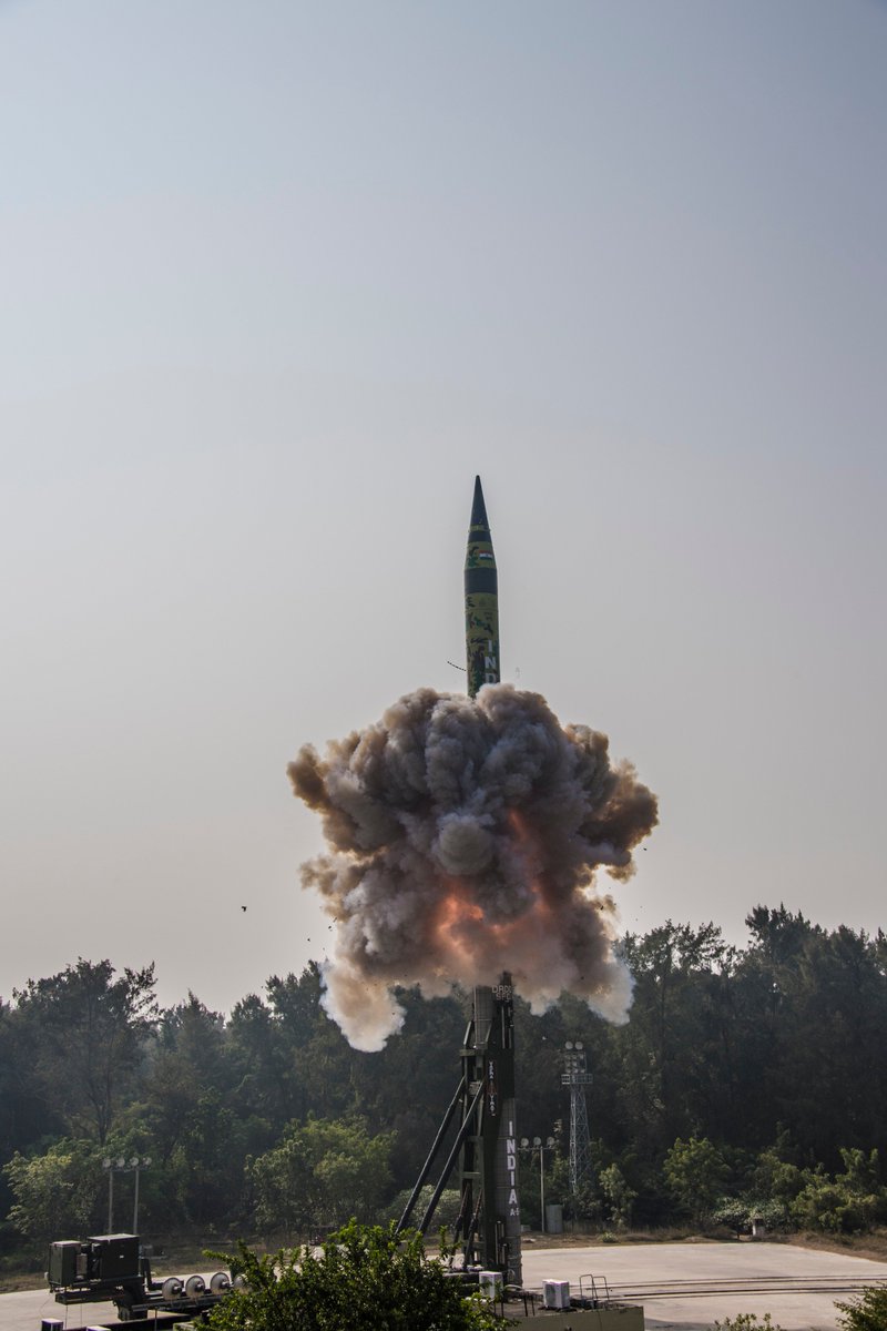 Indigenous long range Surface-to-Surface Ballistic Missile, #Agni5, was successfully launched from a canister on a road mobile launcher at Dr Abdul Kalam Island off the coast of Odisha, today.
Smt <a href="/nsitharaman/">Nirmala Sitharaman</a> congratulates <a href="/DRDO_India/">DRDO</a> , armed forces &amp; defence industry.