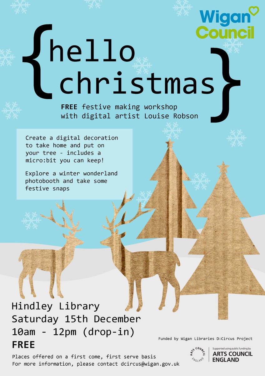 WiganLibraries's tweet photo. Don’t forget we have this fab festive { hello christmas } making session with digital artist @_louiserobson
Saturday 15th Dec, 10am - 12pm, Hindley Library
Places offered on a first come first served basic, it’s a free and a drop-in 🎄⛄️ #DCircus #DigitalWigan https://t.co/WyDN91KPY4