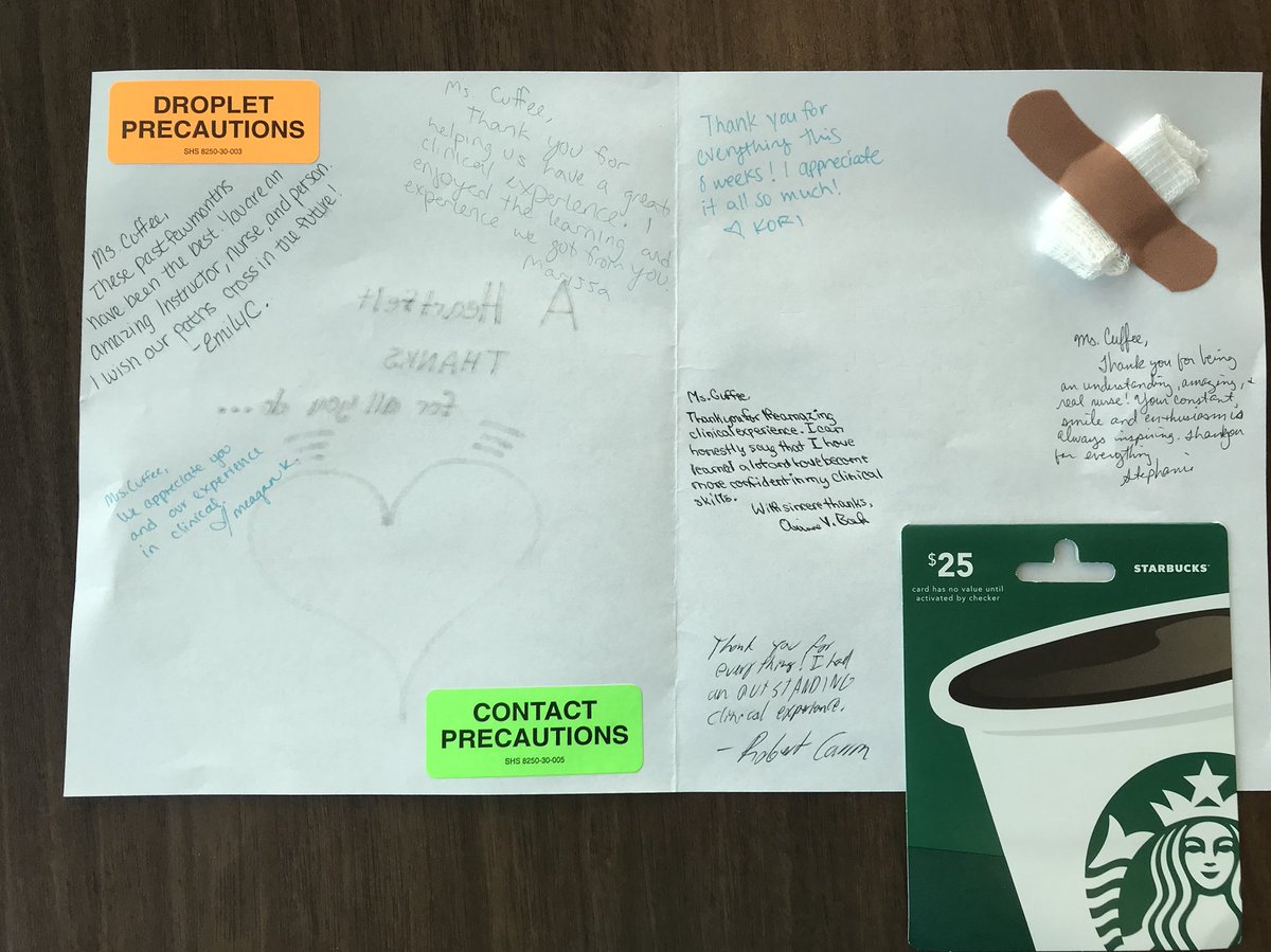 Acuffee28's tweet photo. Another wonderful group of RN students promoted to the next level.  I enjoy this role! They blessed me. They made a card for me and included  Starbucks. #NursingInstructor #Nursessavelives https://t.co/V9yn6u7EJV