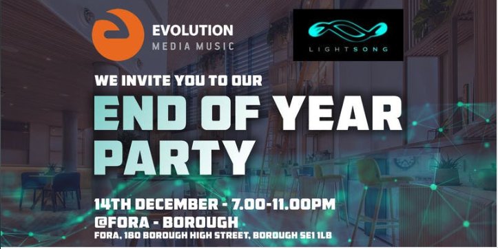 Been a while since we have used this, but wanted to catch anyone we may have missed through emails. 
The Evolution Media Music End of Year Party is this FRIDAY! Limited FREE BAR and festivities. Email us for details.
