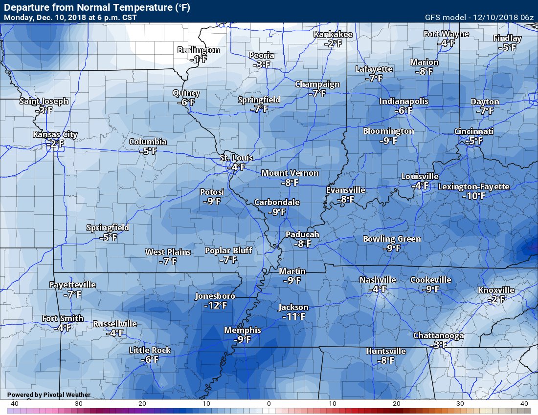 BeauDodson's tweet image. #tristatewx #ilwx #mowx #kywx #tnwx 12/10/18 Check it out.  Temps today will be below normal.   Look at WED, THU, &amp;amp; FRI.  Finally, some above normal temps. Normal highs are around 46 degrees.  We will take these anomalies.