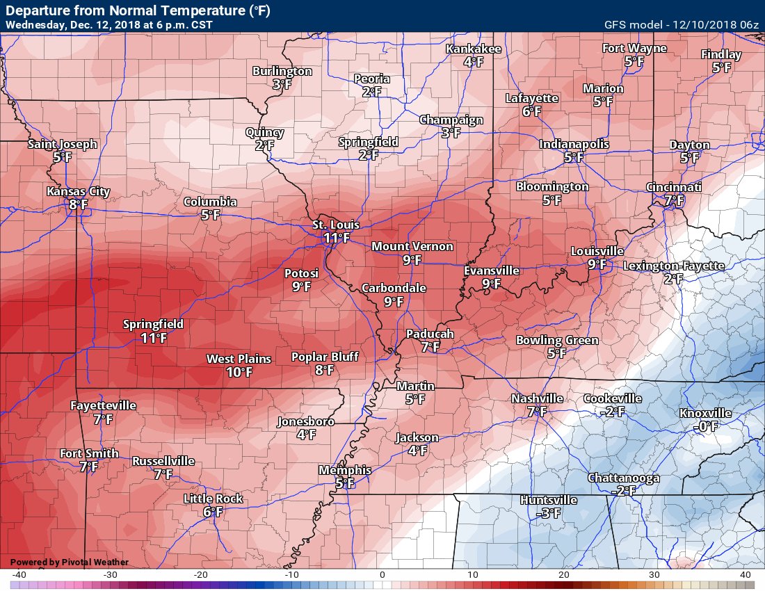 BeauDodson's tweet image. #tristatewx #ilwx #mowx #kywx #tnwx 12/10/18 Check it out.  Temps today will be below normal.   Look at WED, THU, &amp;amp; FRI.  Finally, some above normal temps. Normal highs are around 46 degrees.  We will take these anomalies.