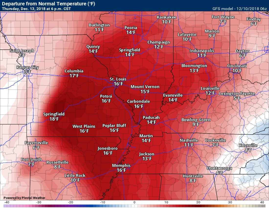 BeauDodson's tweet image. #tristatewx #ilwx #mowx #kywx #tnwx 12/10/18 Check it out.  Temps today will be below normal.   Look at WED, THU, &amp;amp; FRI.  Finally, some above normal temps. Normal highs are around 46 degrees.  We will take these anomalies.