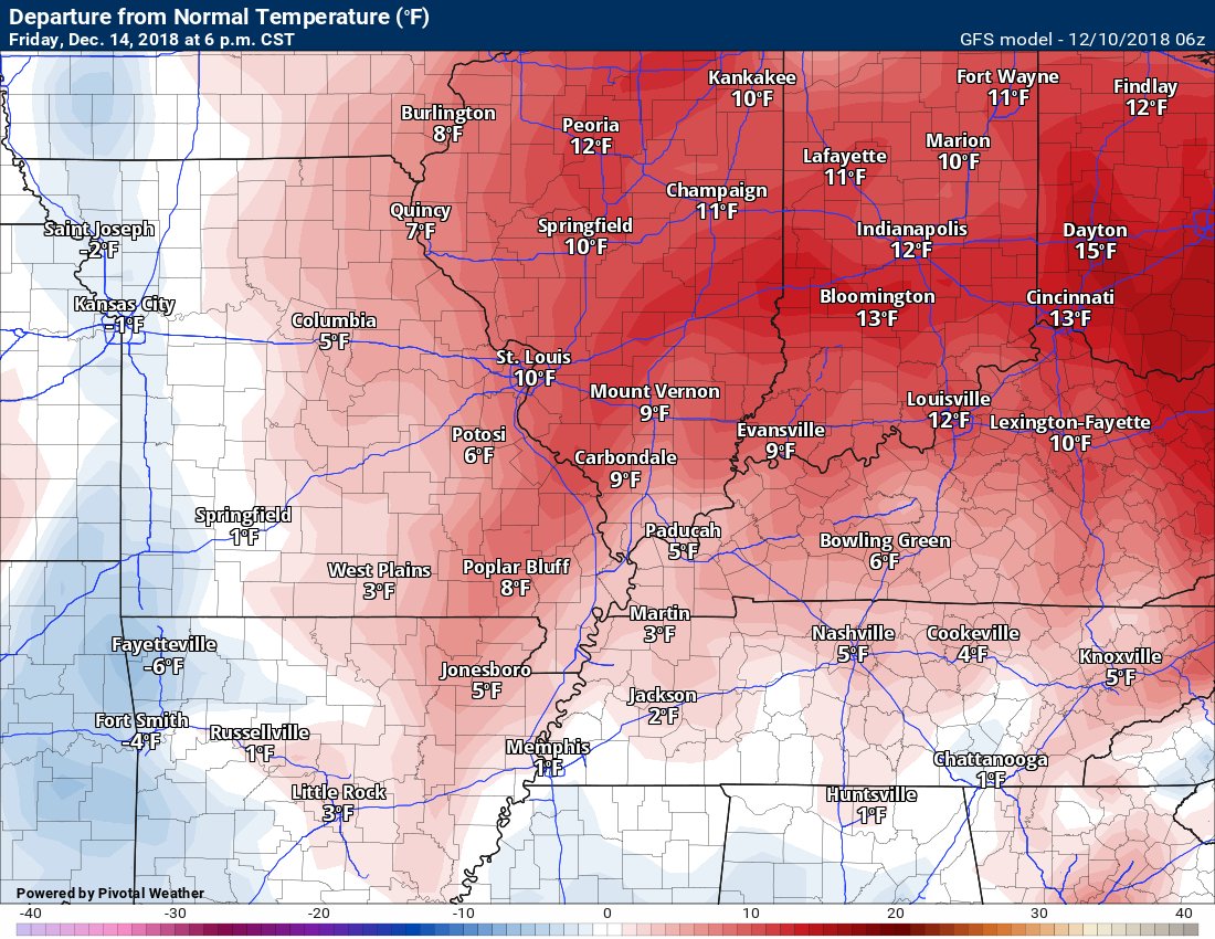 BeauDodson's tweet image. #tristatewx #ilwx #mowx #kywx #tnwx 12/10/18 Check it out.  Temps today will be below normal.   Look at WED, THU, &amp;amp; FRI.  Finally, some above normal temps. Normal highs are around 46 degrees.  We will take these anomalies.