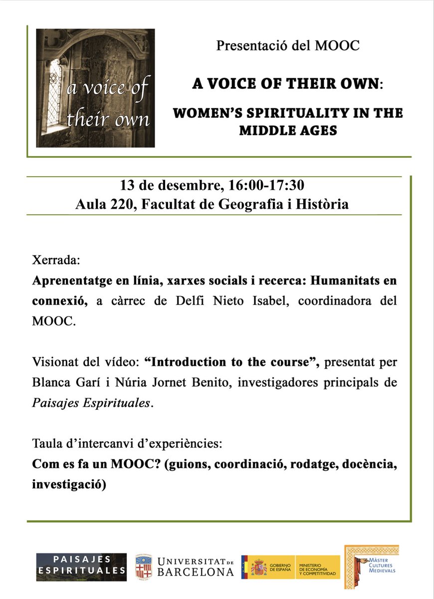 Spiritual Landscapes (@landscapesub) on Twitter photo No us perdeu la presentació oficial del nostre #MOOC #AVoiceofTheirOwn el proper dijous 13 a les 16:00, a la Facultat de Geografia i Història <a href="/GH_UB/">Facultat de Geografia i Història UB</a> <a href="/MedievalUB/">Medieval UB</a> <a href="/IRCVM/">IRCVM</a> <a href="/ARDITMedieval/">ARDIT</a> No us perdeu la presentació oficial del nostre #MOOC #AVoiceofTheirOwn el proper dijous 13 a les 16:00, a la Facultat de Geografia i Història <a href="/GH_UB/">Facultat de Geografia i Història UB</a> <a href="/MedievalUB/">Medieval UB</a> <a href="/IRCVM/">IRCVM</a> <a href="/ARDITMedieval/">ARDIT</a>