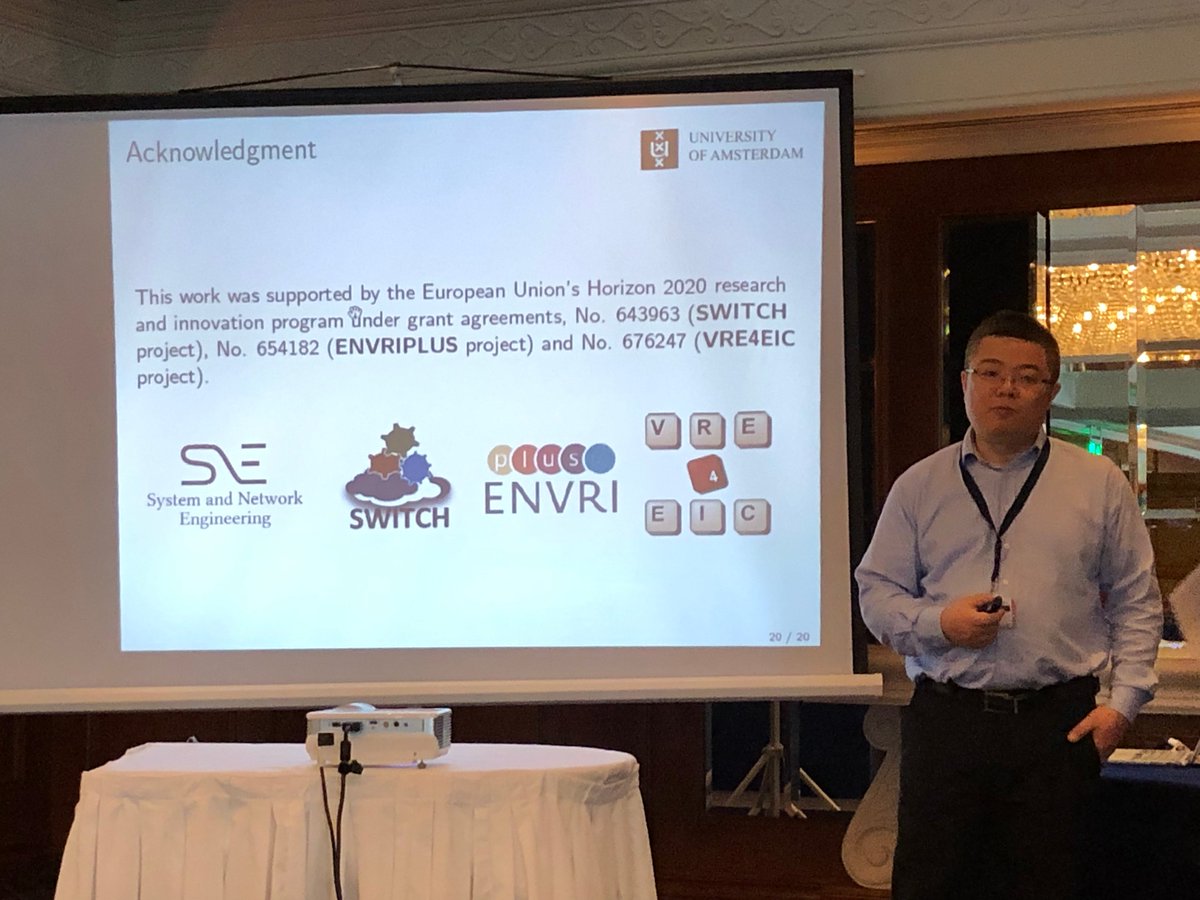zhiming72's tweet photo. @zhiming72 presented their recent work on "enhancing Service Level Agreement using Blockchain Smart Contracts" in the #RBChain workshop in #CloudCom18. It is part of Huan Zhou's PhD work in #UvA, and partially supported by the EU H2020 #SWITCH, #ENVRIPLUS and #VRE4EIC. https://t.co/X8ay7ncnRD
