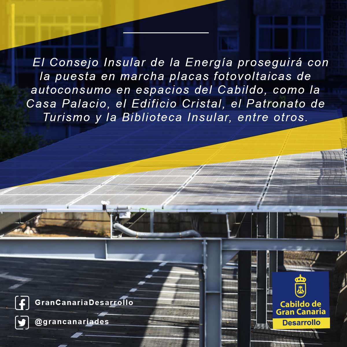 GranCanariaDes's tweet photo. La instalación de placas fotovoltaicas en los edificios e instalaciones del @GranCanariaCab proseguirá su marcha imparable en 2019. https://t.co/BEfDnjYApN