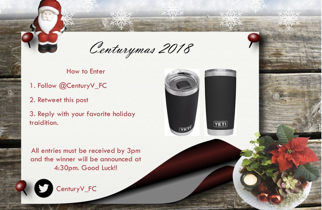Century_Utd's tweet photo. Day 1 of #Centurymas18

Today we are giving away a YETI 20 oz. Rambler Tumbler Cup!! To enter for a chance to win you must follow, retweet, and reply with your favorite holiday tradition by 3pm. Our winner will be announced at 4:30pm. https://t.co/s1YJp6fks4