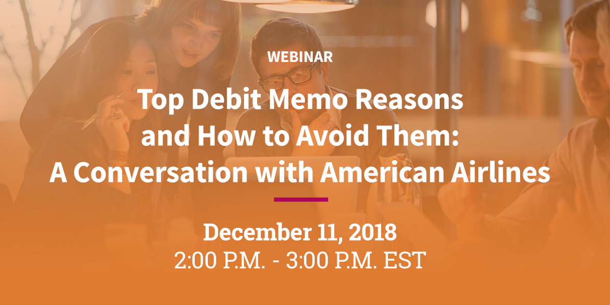 ARCtalk's tweet photo. On 12/11 join ARC and @AmericanAir for a complimentary webinar to learn how your #travelagency can reduce #debitmemos. You’ll hear directly from #AmericanAirlines on their top #debitmemo reasons for issuance — and recommendations on how to avoid them. https://t.co/rswdDA4voq https://t.co/y0uEkkobeK