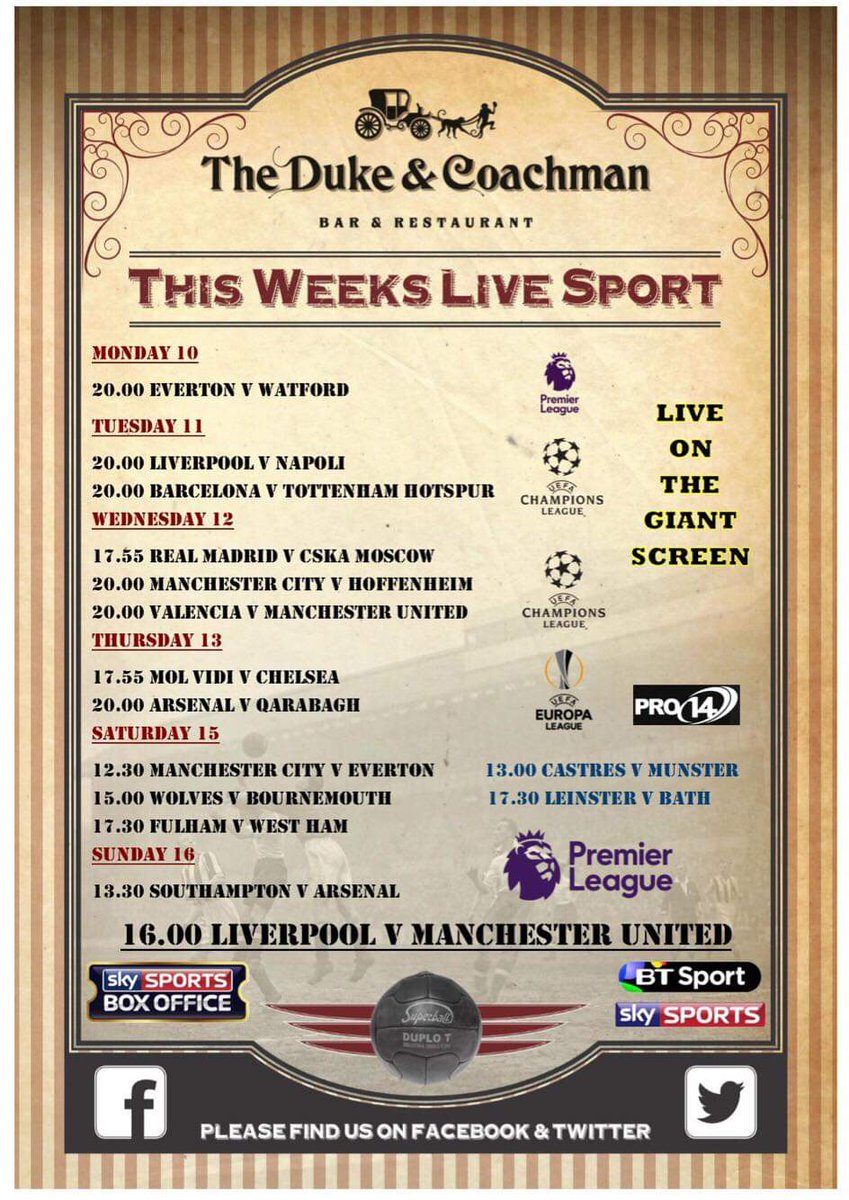 DukeAndCoachman's tweet photo. Your week of live sporting action in the Duke &amp; Coachman  kicks off tonight at 8pm !
Join us all this week for delicious food &amp; live sports ! https://t.co/jpUtyOYb7p