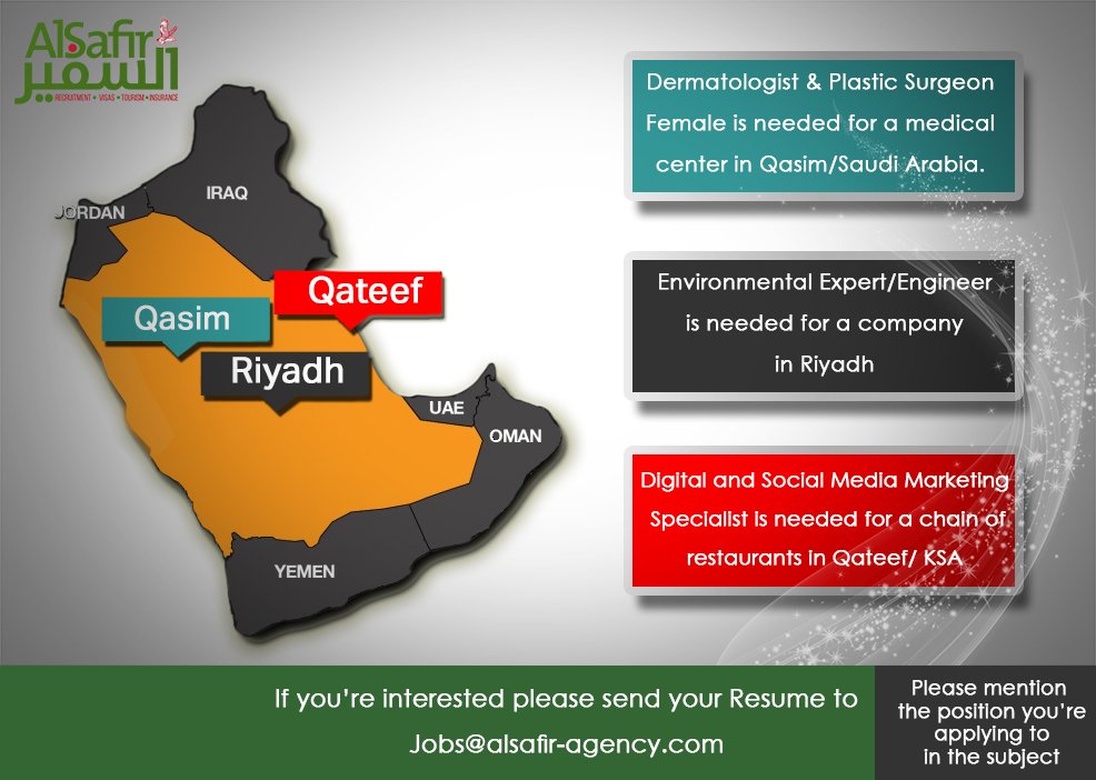 AlSafirAgency's tweet photo. 1- #Dermatologists & #Plastic_Surgeons
Female is needed for a #medical_center in #Kasim - #Saudi_Arabia
2-#Environmental_Expert/#Engineer
Is needed for a company in #Riyadh
3-#Digital AND #Social_Media #Marketing specialist
Is needed for a chain of #resTaurants in #Qateef/#KSA https://t.co/s9WkGwLqUx