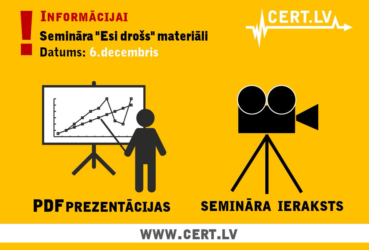 certlv's tweet photo. Pieejami 6. decembra IT drošības semināra "Esi drošs" runātāju video ieraksti un prezentācijas: https://t.co/d29iYbKgGw #EsiDross https://t.co/jWrap5nqtz