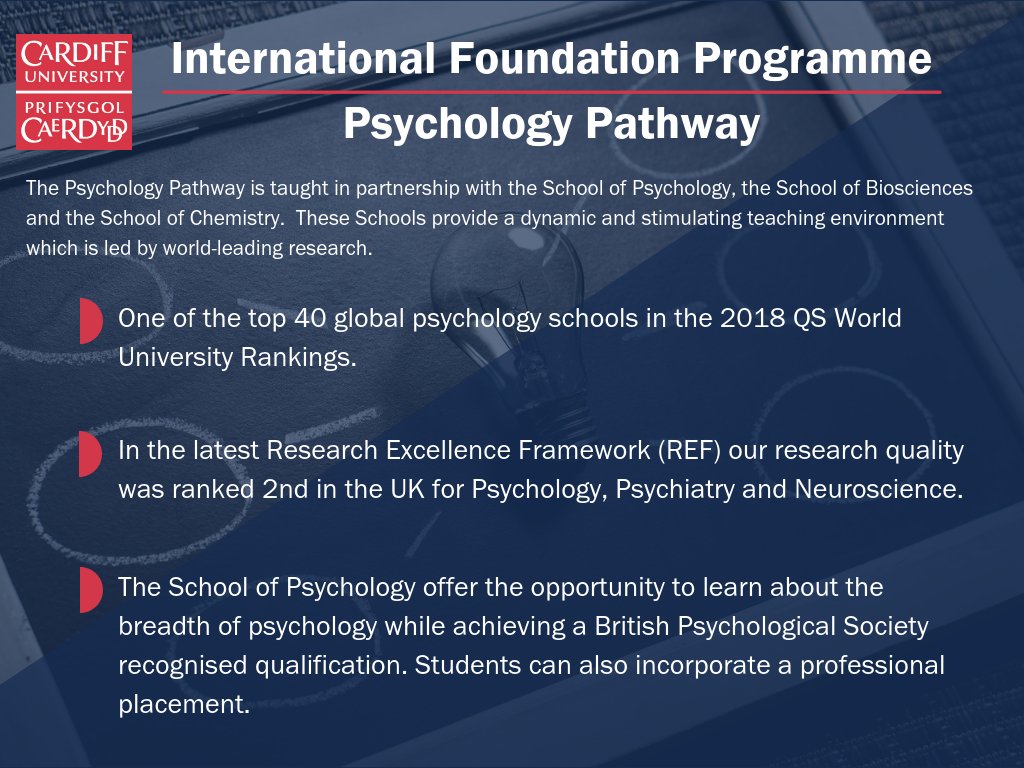 Are you looking for an excellent International Foundation Programme? Cardiff Uni offer 5 different pathways which can lead to a wide variety of undergraduate degree courses. Take a look at our Psychology Pathway. Want to find out more? - cardiff.ac.uk/ifp