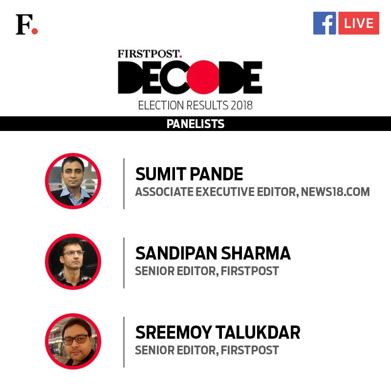 firstpost's tweet image. #DECODE2018: Five state results and the fastest analysis on the go. Here&apos;s a look at our panelists who will break down the state results of 2018 and discuss its consequences for 2019. Stay tuned.

Live stream starts 8 am on 11 December. #AssemblyElections2018