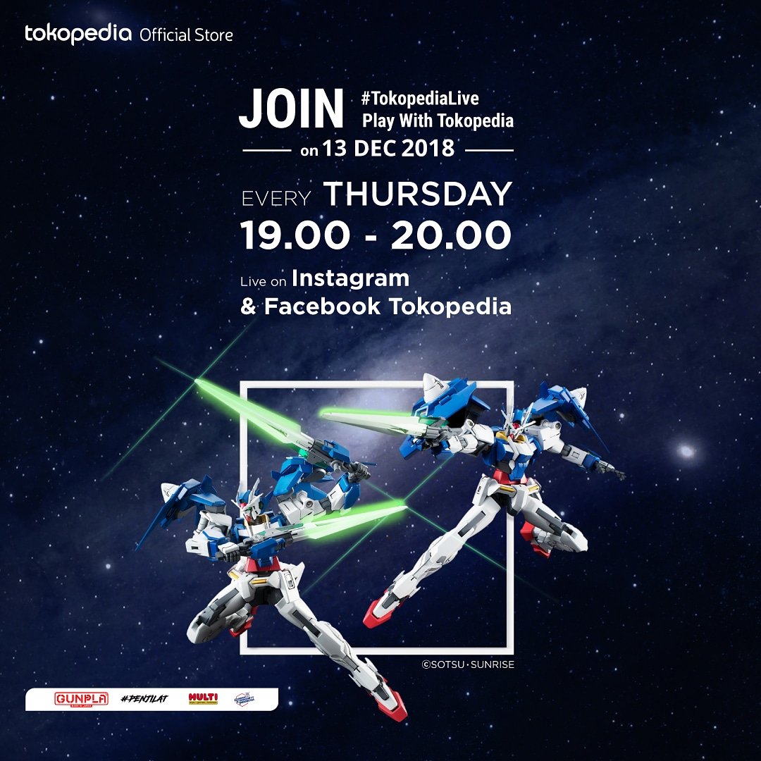 tokopedia's tweet photo. Saksikan  #PlayWithTokopedia BEDAH DAN RAKIT GUNDAM di Facebook dan Instagram Tokopedia, Kamis 13 Desember 2018 pukul 19:00 WIB. Bakal ada GIVEAWAY! Acara ini juga berkolaborasi dengan Multi Toys Indonesia dan @gundamc

Jadi kolektor Gundam? #MulaiAjaDulu

#Gundam #Gunpla https://t.co/gUrekGhCpk