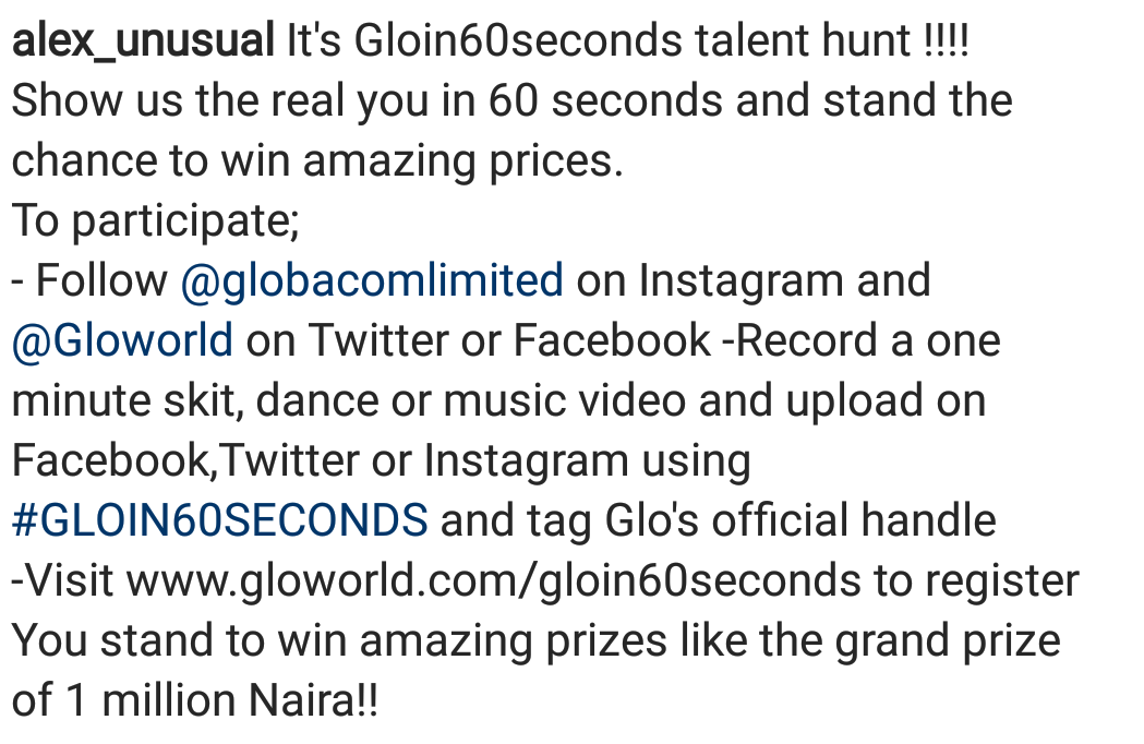 Simply_lite's tweet photo. #teamtolex the Glo talent hunt is on, win amazing prizes thru #canyousing #Canyoudance #CanYouMakeSkits in the #GLOIN60SECONDS competition!
#Alexthebrand
#AlexUnusualTheBrand
#glowbuzzing
#GlowithAlex
#globacom
#GloWithPride
#glo
#theunusuals
#TeamAlex
#lavyannaskincare https://t.co/sxrWcs39Hh
