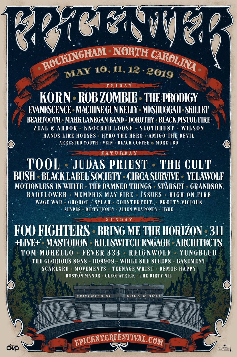 epicenterfest's tweet photo. The inaugural Epicenter Festival lineup is here! Featuring @foofighters, @Tool, @korn, @robzombie, @judaspriest, @bmthofficial, @the_prodigy, @bushofficial, @311, @evanescence, @officialcult and more, this is a weekend you WON’T want to miss.

Tickets on sale Fri 12/14 @ 12pm EST https://t.co/GwnG9LkK5o