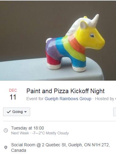 An ICE Breaker event for people to get to know each other. Come out to meet other members &amp; paint a unicorn from Play with Clay. Then stay to enjoy some pizza. McDonald's Stone Rd has generously sponsored our first event. Please RSVP Guelphrainbows@gmail.com or inbox us here~Thk