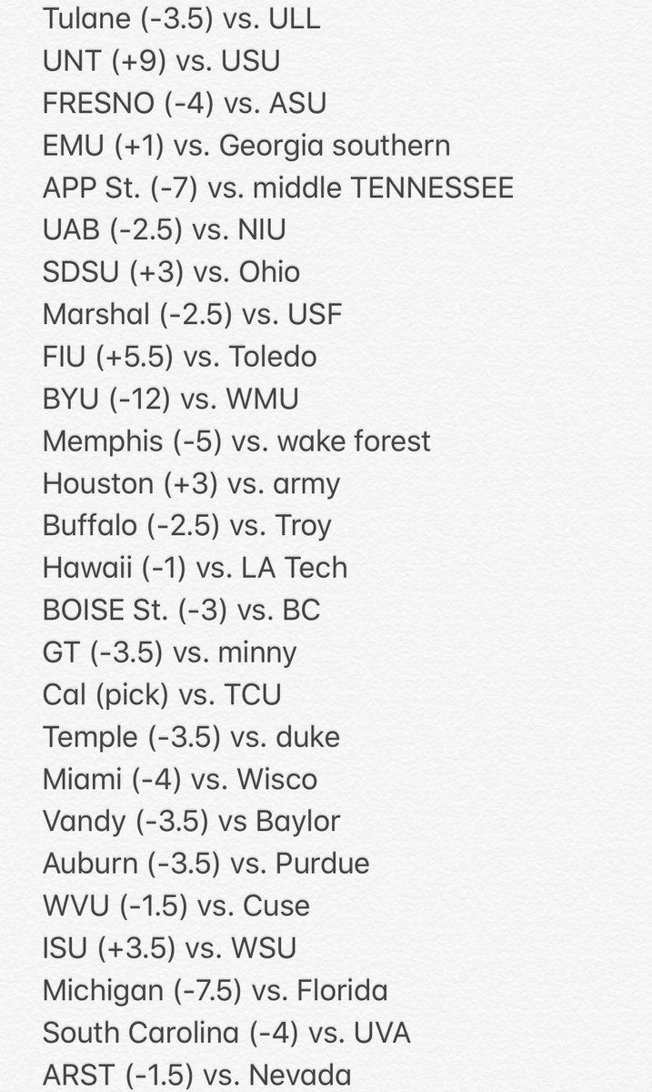 ShowTimeCappers's tweet image. THESE ARE THE OFFICAL LINES TO USE FOR MY BOWL CONTEST

Rules:
1. Must retweet this tweet to be eligible for entry 
2. Must DM me all picks by 12pm EST this Saturday (12/15)
3. No buying points
4. Tie breaker is bama game score

WINNER TAKES HOME $500 
#SHOWTIME