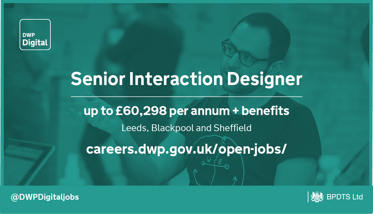 DWPDigitalJobs's tweet photo. Senior INTERACTION DESIGNERS! We need your IxD expertise!
In return for your skills you’ll get a competitive
salary, brilliant civil service pension & generous leave package.
https://t.co/4nglpykalu
#IxD #UKGovIsHiring #InteractionDesignJobs https://t.co/11Chw8QUXt