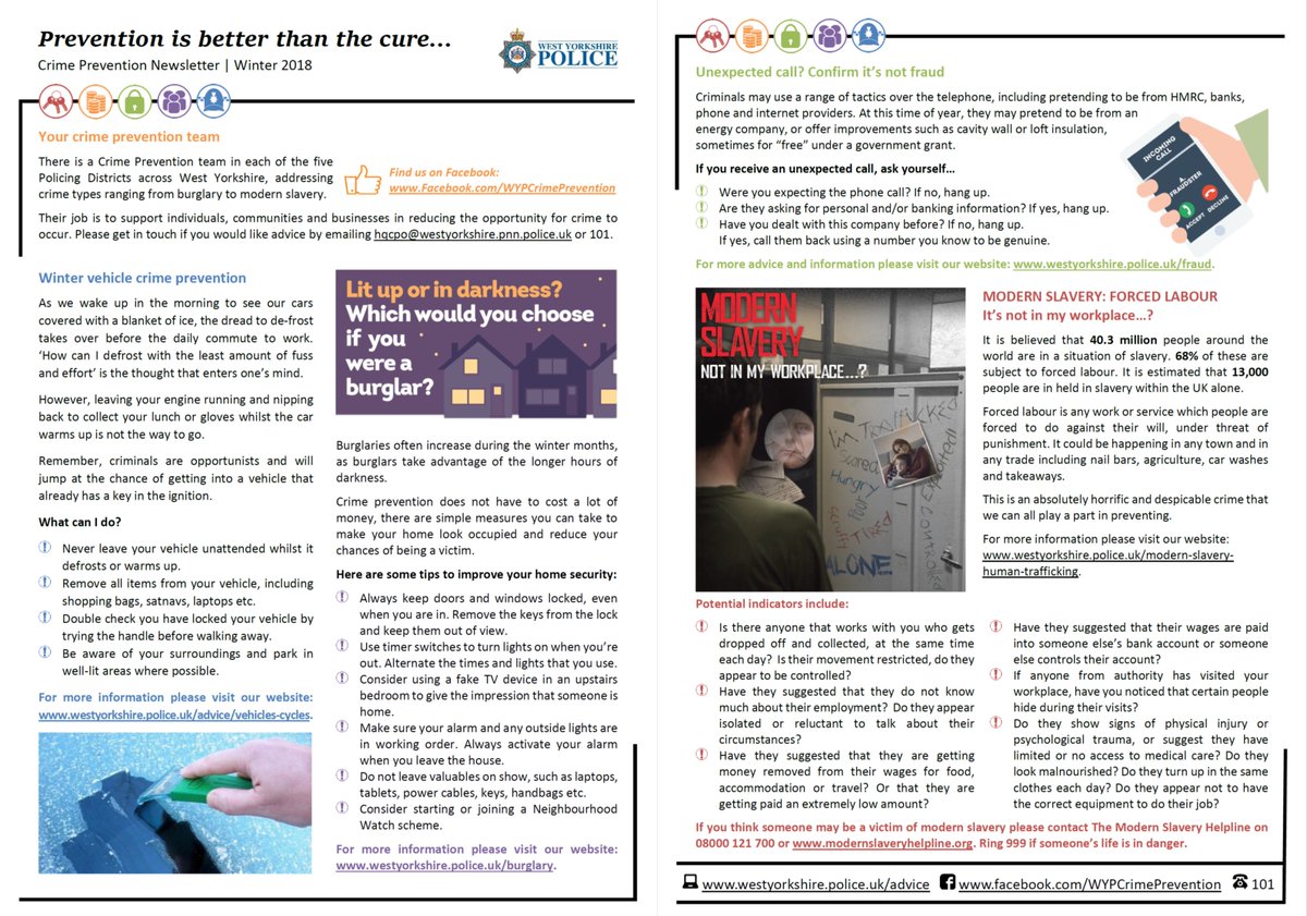 Welcome to the winter edition of the Crime Prevention Newsletter. What to look out for and some useful advice. Stay safe.
