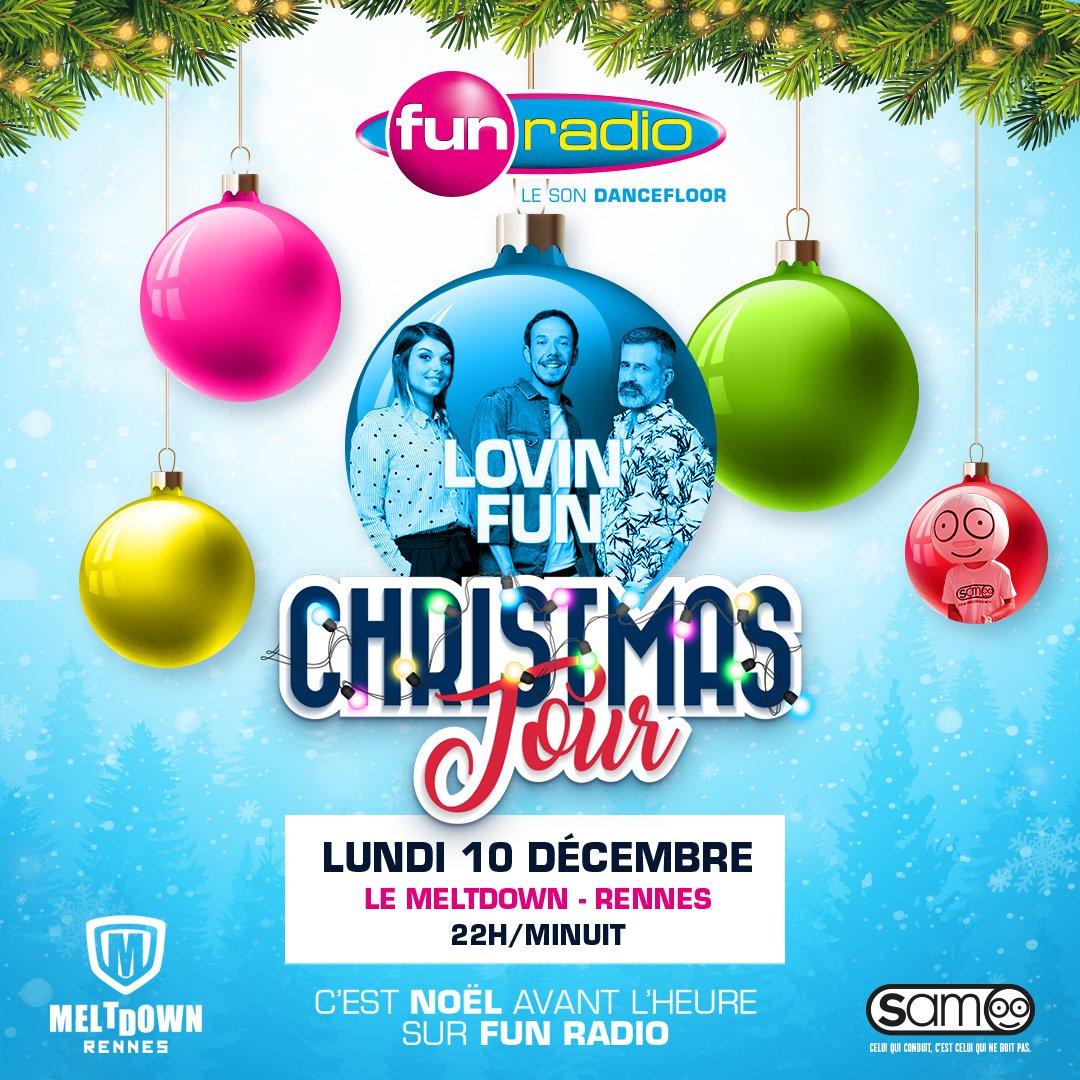 🌈Ce soir <a href="/Lovinfun/">Lovin'Fun</a> commence le #FunRadioChristmasTour à Rennes et sera en direct du @MeltdownRennes de 22h à 00h avec <a href="/Samleconducteur/">Sam le conducteur</a> ! 
RT si tu y seras !😎