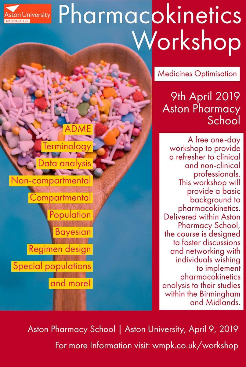 BadhanGroup's tweet photo. Aston Pharmacy School is organising a one-day FREE pharmacokinetics workshop/networking event for healthcare professionals wishing to expand the use of pharmacokinetics in their clinical practice. Register now. #pharmacokinetics #pharmacy #pharmacist https://t.co/27qpAMmZk8 https://t.co/Rb4uYglwZK