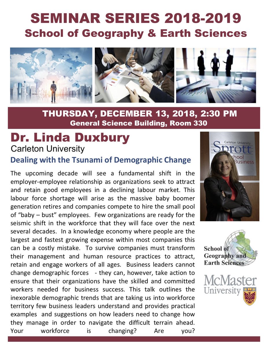 Dr. Linda Duxbury presents Dealing with the Tsunami of Demographic Change at 2:30 in GSB 330 on Thursday, Dec. 13 #workforce #demographictrends