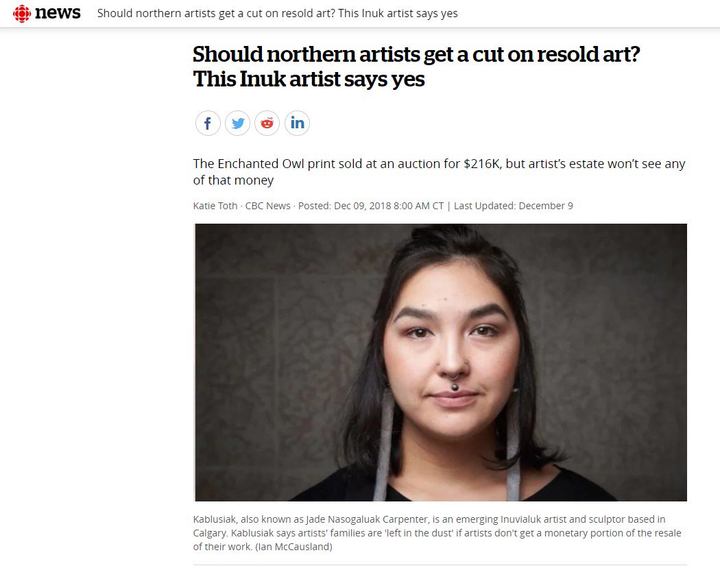 NACA supports the call for a 5% artist resale right for Canadian artists. Kenojuak Ashevak's family would've received $10.8k had rights been in place when the famed Inuk artist's Enchanted Owl print sold for a record $216,000 in November <a href="/carfacnational/">CARFAC National</a> 
tinyurl.com/y9wjgkj8
