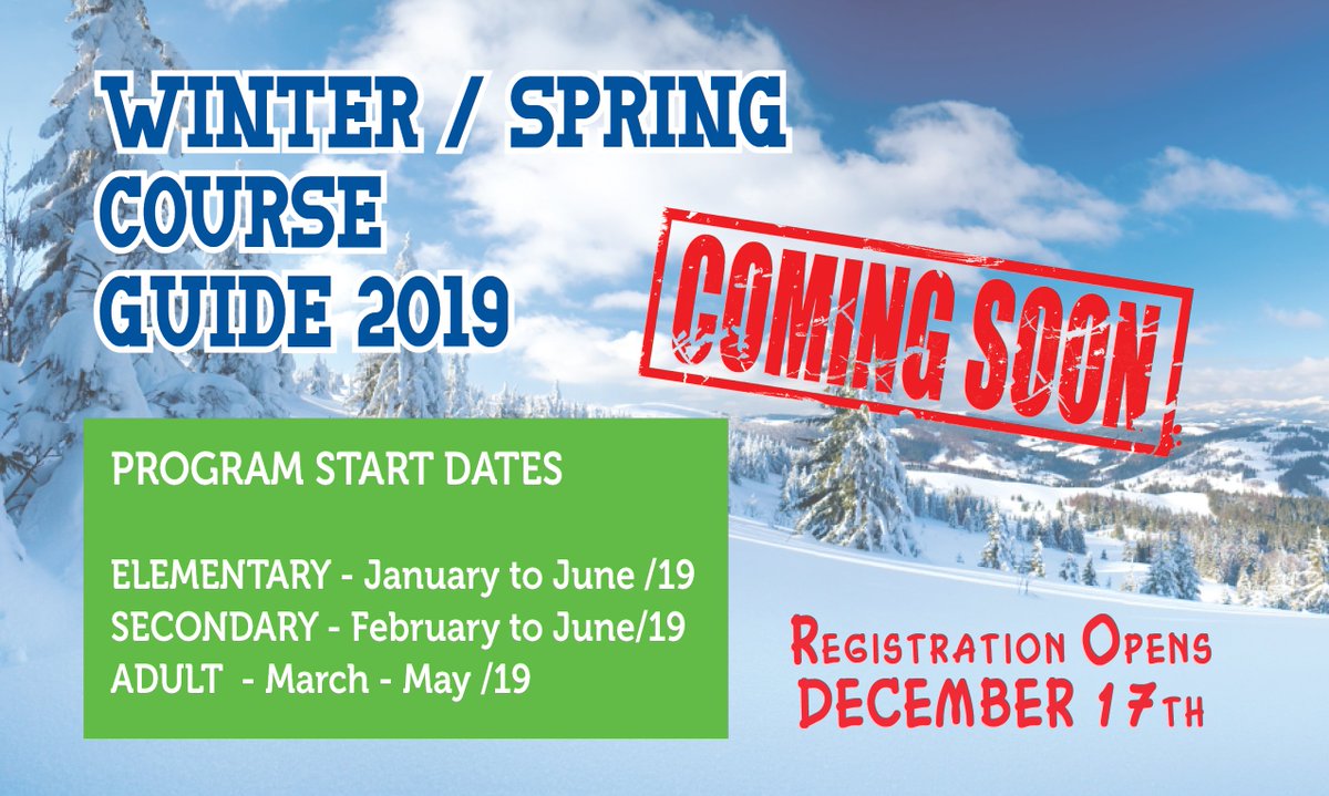 Save the Date in your calendar!
Registration Opens on Monday, December 17th for all Winter Adult, Elementary and Secondary programs.
