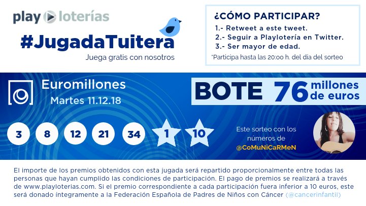 📢 ¡Marchando otra #JugadaTuitera*! 🤑 Esta vez con números de <a href="/CoMuNiCaRMeN/">Mamen Jiménez</a> para asaltar el BOTE de #Euromillones del martes.

¡Son 7⃣6⃣ millones de € a repartir entre quienes hagan RT a este tuit y nos sigan!

*Recuerda: este mes jugamos con <a href="/cancerinfantil/">Federación Española de Familias de Cáncer Infantil</a> ❤️