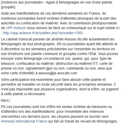 pierremorel's tweet photo. Appel d'avocat à témoignages de journalistes/photographes (où, quand, qui, quoi, type de blessure, confiscation du matériel, déstruction,ITT, carte de presse ou non, etc) en vue de dépôt de plainte commune contre violences policières de ces derniers jours. Contact en mp. https://t.co/BdatA3gLGg