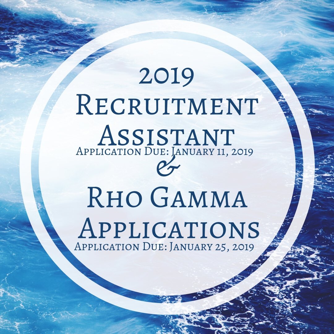 Want to be a Recruitment Assistant or Rho Gamma for 2019 Formal Recruitment? Now is your time to apply! ✰ Recruitment Assistant applications are due January 11th, 2019! ✰ Rho Gamma applications are due January 25th, 2019! 
Applications links are in our bio!!!