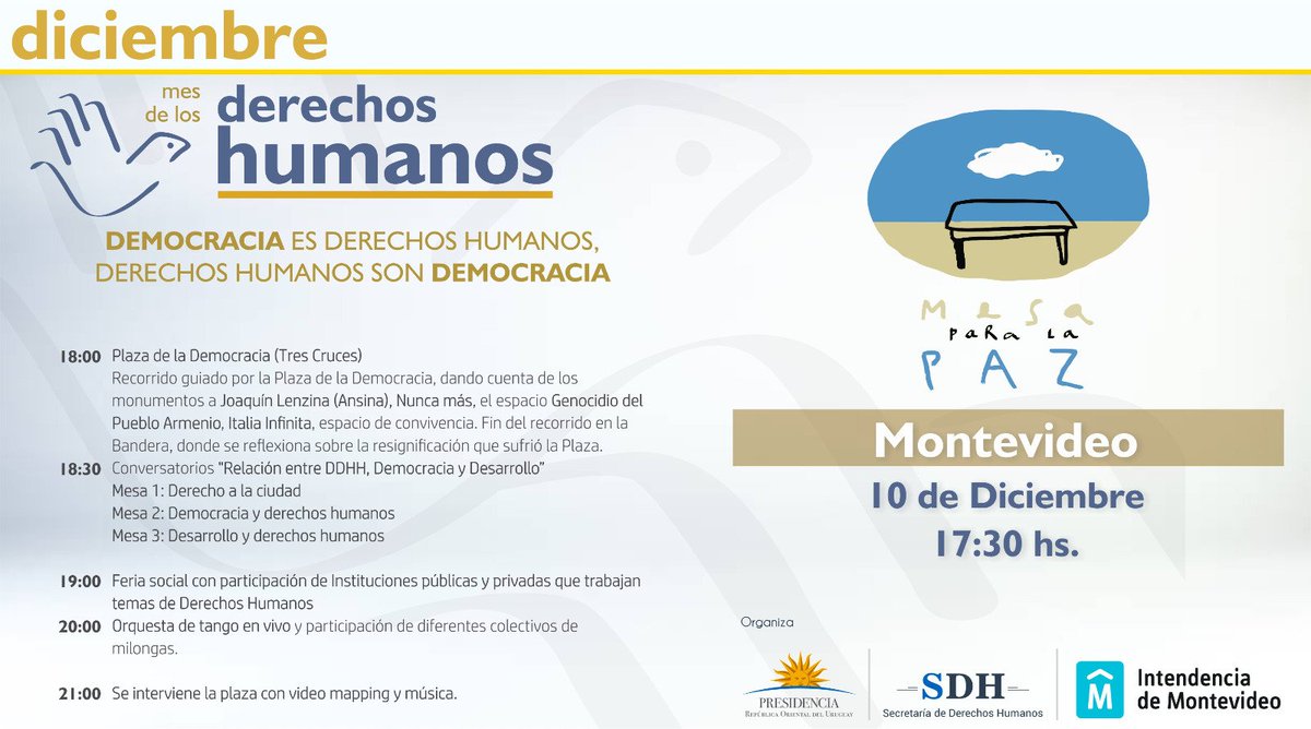 defensoriamvd's tweet photo. Hoy #70añosduddhh estaremos acompañando al @Municipiod en #PlazaCasavalle, también a la @INDDHH_Uy en sus actividades. A la @juntamvd #JMVD en su homenaje a la Declaración. Y a la @SDHuruguay en la mesa para la PAZ hablando sobre #Derechoalaciudad https://t.co/rHjisYGFCI