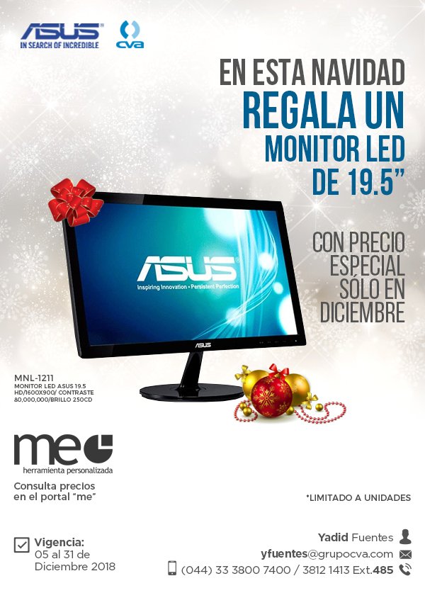 GrupoCVA1's tweet image. ¡Precio especial en #MonitorLED 19.5" con @MXASUS!
🤗🖥🖥🎄🎄

#PromocionesNavideñas
#VentaNavideñaCVA