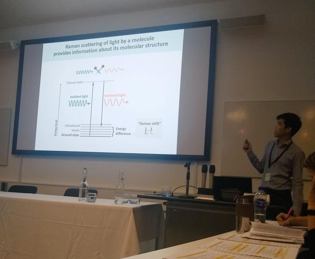 CianDuggan's tweet photo. The fantastic Tee, an Alum from our lab, speaking about his rotation project in Oxford on Raman spectroscopy. Great job at explaining physics to biologists! #BSPP2018 https://t.co/RQdew26TpO https://t.co/63RK0TeW9N