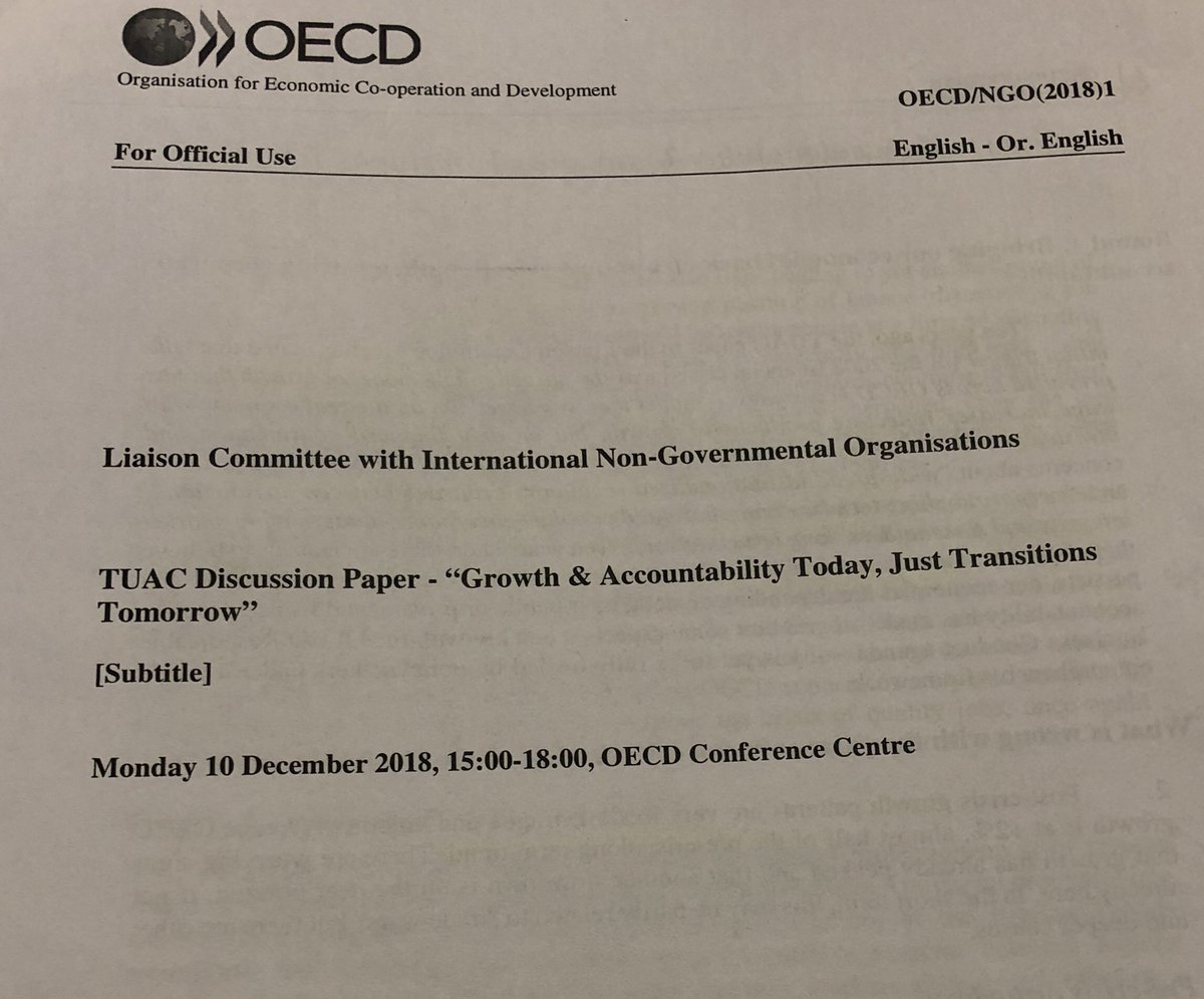 pitres's tweet photo. Annual @OECD gathering w/ International #TradeUnion leadership  addressing “Growth &amp; Accountability today, Just Transitions Tomorrow” #GFCrisis #10A #disintegration of #multilateralism #corporateaccountability #futureofwork #JobsStrategy #JustTransition to #Green #Digital economy https://t.co/DVgxc4KZt1