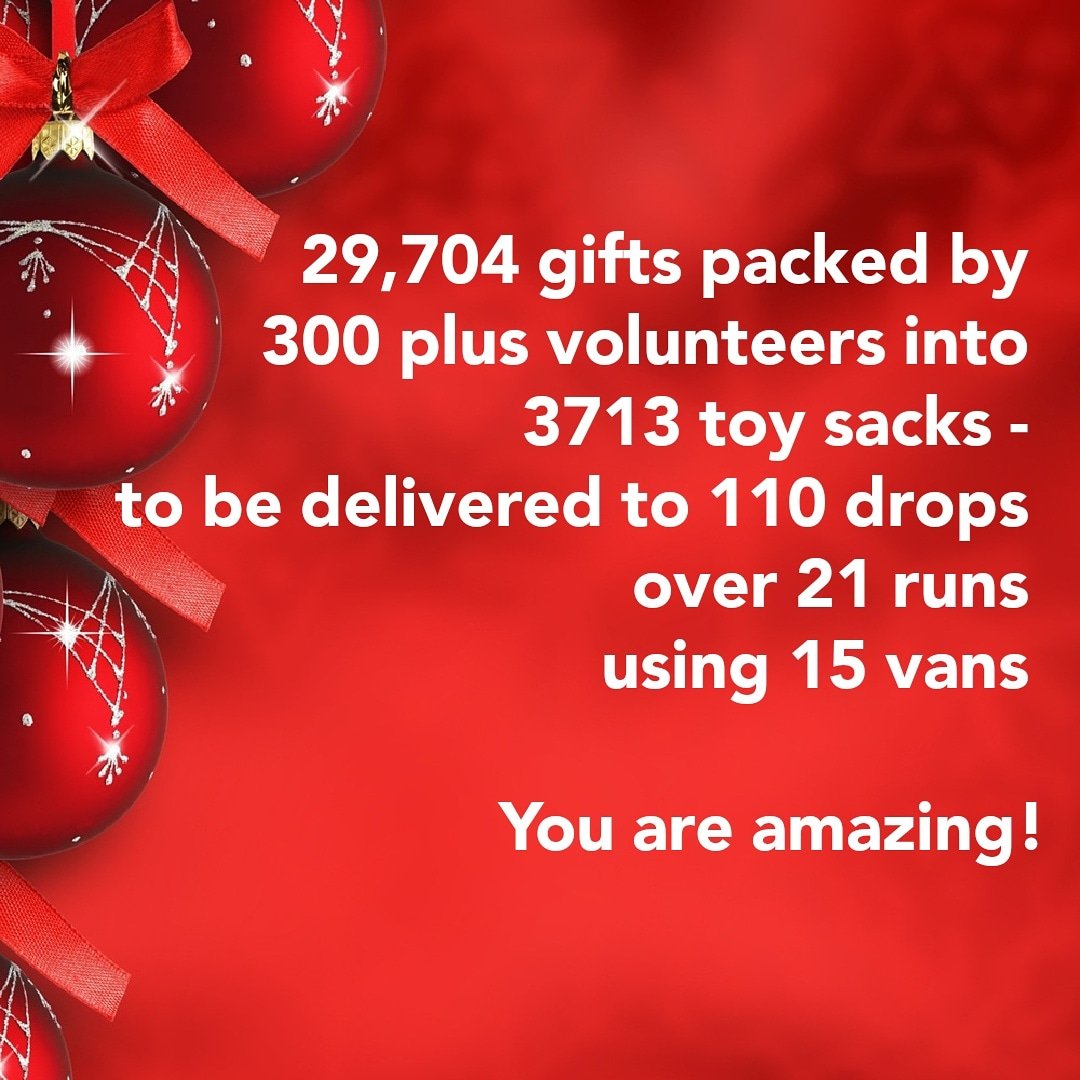 We did it!  We cannot thank you enough! To everyone who has volunteered today - making up sacks, catering, toy checking, meeting and greeting, driving, lifting, packing - you are all absolutely amazing!  We hope you enjoyed today as much as we have. THANK YOU!