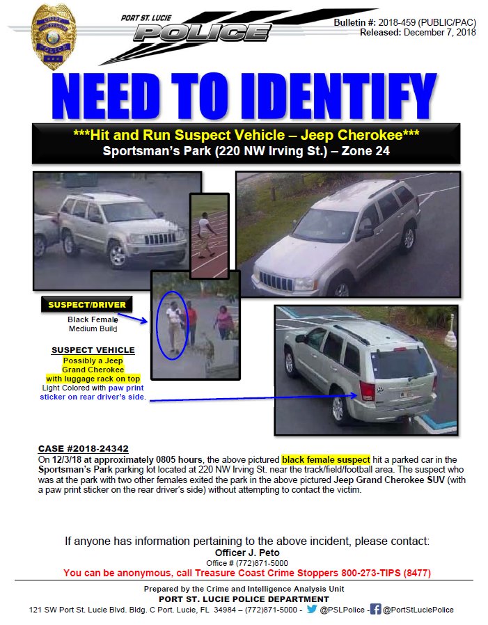 PSLPolice's tweet image. NEED To IDENTIFY Hit and Run Suspect Vehicle
On 12/3/18 at approximately 0805 hours, the pictured b/f suspect hit a parked car in the Sportsman’s Park parking lot. Any info Call Officer J. Peto (772)871-5001 or Treasure Coast Crime Stoppers 800-273-TIPS (8477).