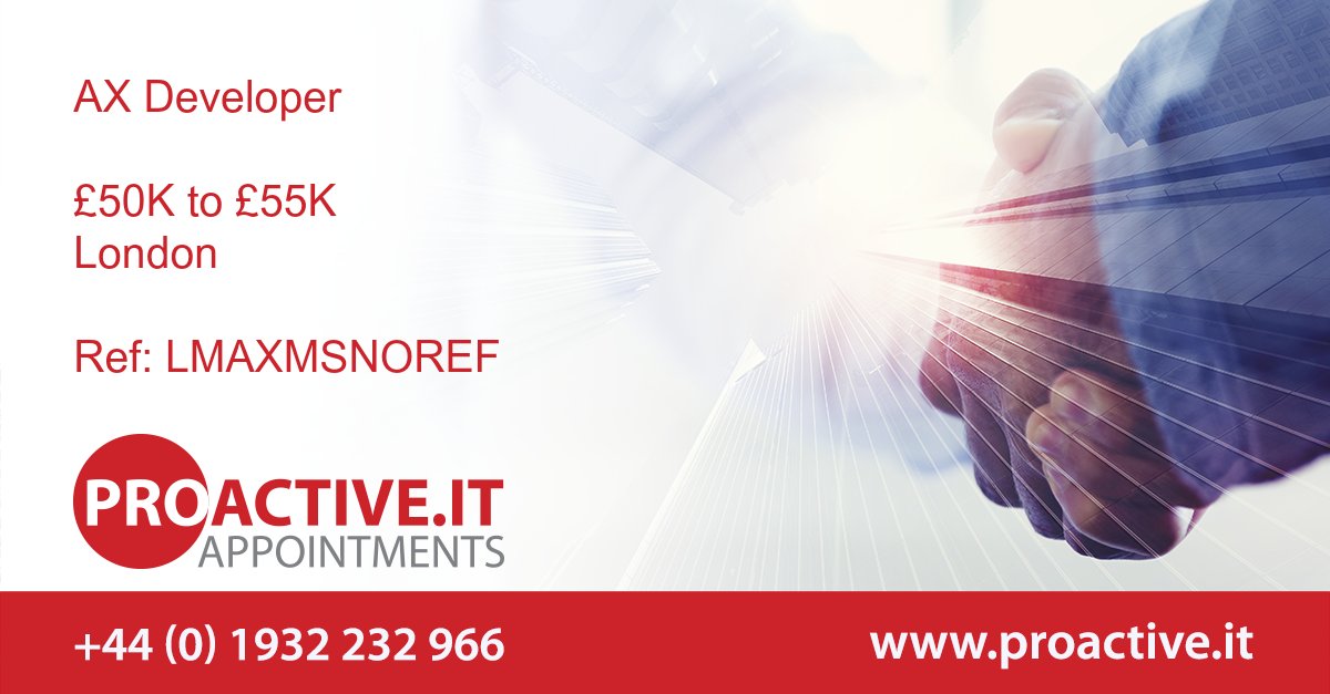 ProactiveIT_UK's tweet image. Our client, highly regarded in their field, is looking for an AX Developer to join their small but committed team You will be involved in all aspects of AX Development.

 bit.ly/2zlhrUe 
#DynamicsAX2009 #Recruitment
