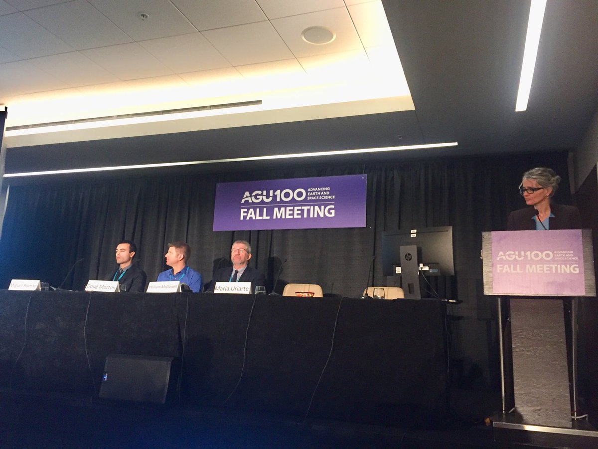 JesterKZ's tweet photo. Press conference #AGU2016 on effects of Hurricane Maria on forests and people. Maria Uriarte, Bill McDowell, Doug Morton and Miguel Román. @luqlter. https://t.co/BEV4kIR7TQ