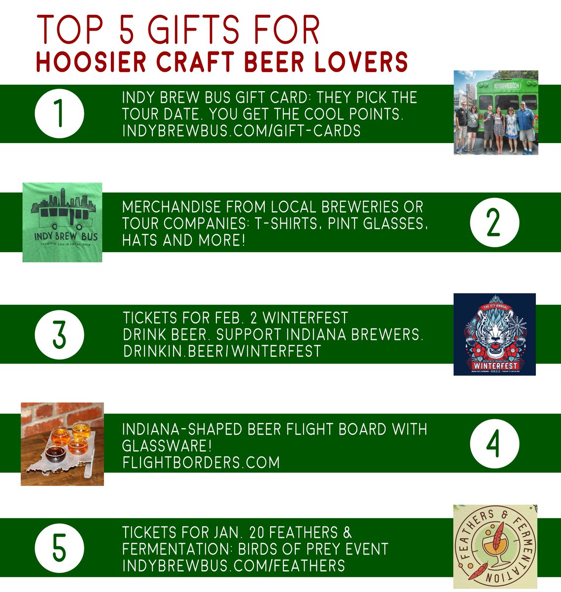 Indy Brew Bus on Tap (@indybrewbus) on Twitter photo Top 5 Gifts for Hoosier #CraftBeer Lovers 1) <a href="/IndyBrewBus/">Indy Brew Bus on Tap</a> Gift Cards 2) Brewery or Tour Merchandise 3) <a href="/DrinkIndiana/">Drink Indiana Beer</a> #Winterfest Tickets 4) State-shaped Flight Boards from @FlightBorders 5) Jan. 20 Feathers and Fermentation Tour Tickets Top 5 Gifts for Hoosier #CraftBeer Lovers 1) <a href="/IndyBrewBus/">Indy Brew Bus on Tap</a> Gift Cards 2) Brewery or Tour Merchandise 3) <a href="/DrinkIndiana/">Drink Indiana Beer</a> #Winterfest Tickets 4) State-shaped Flight Boards from @FlightBorders 5) Jan. 20 Feathers and Fermentation Tour Tickets