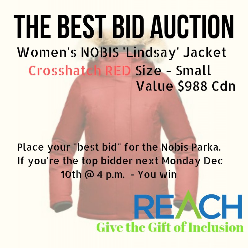 REACH4Inclusion's tweet photo. LAST CALL FOR THE REACH BEST BID AUCTION

Place your bid before 4 pm tonight for the NOBIS Women's parka.  If yours is the highest bid - it's yours!

 https://t.co/GagXpsDXME 

#GiftofInclusion  #BestBidAuction  #REACHfor25  @REACH4Inclusion https://t.co/YuaF2E30qe