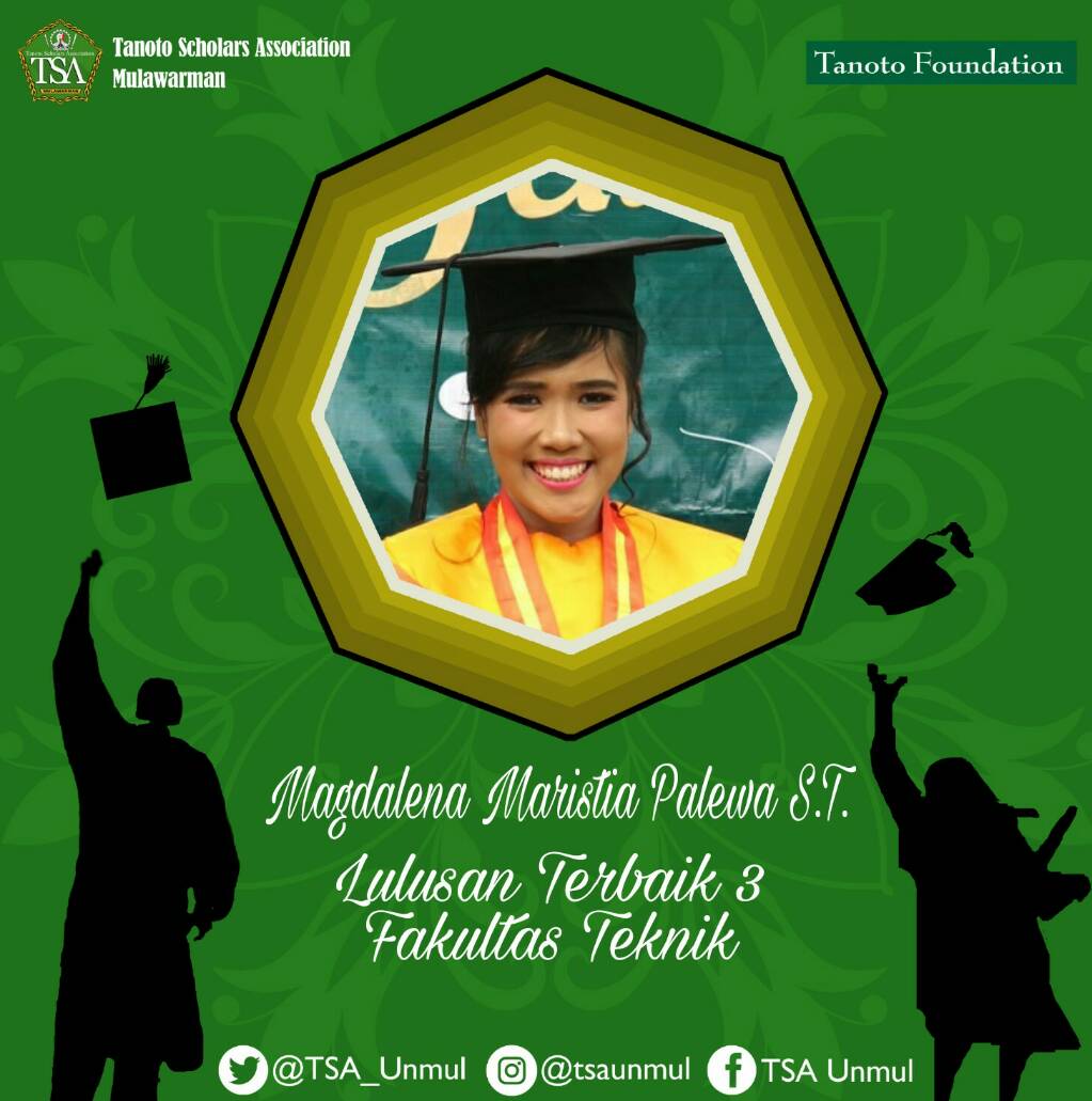[ HAPPY GRADUATION TANOTO SCHOLARS ]  
Selamat kepada teman seperjuangan kami Magdalena Maristia Palewa, S.T yang telah berhasil menyelesaikan studi S1 dengan predikat lulusan terbaik 3 Jurusan Teknik Kimia Fakultas Teknik Universitas Mulawarman. #tanotoscholars <a href="/tanotoeducation/">Tanoto Foundation</a>