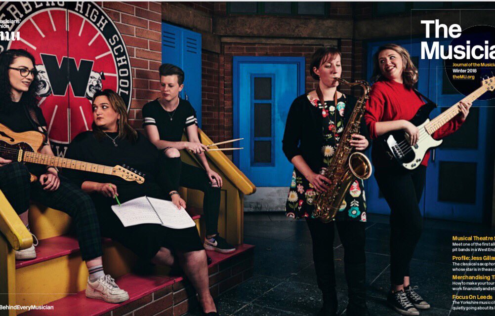 Ladies of the <a href="/HeathersMusical/">Heathers the Musical</a>  band in the <a href="/WeAreTheMU/">Musicians' Union</a> magazine! #musicians #equality #heathers