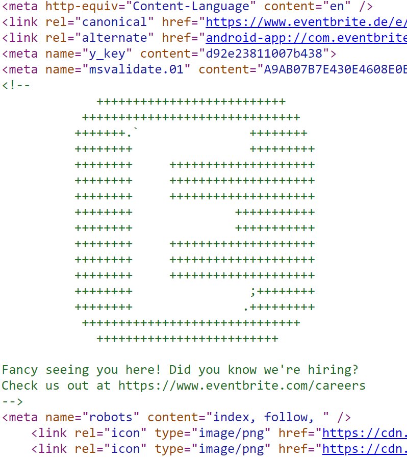 ManfredSteyer's tweet image. Haha. Slick. Eventbrite hides a job offer (probably for web devs) in its html source code ;-)