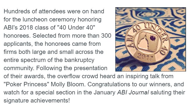 AndreaWimmerEsq's tweet photo. I love that the Live@WLC18 - Saturday Edition by @abiworld used one of my pictures of their beautiful #abi40under40 pins! #bknerd #ABIWLC @jaguirguis https://t.co/gOOKXn9KyG