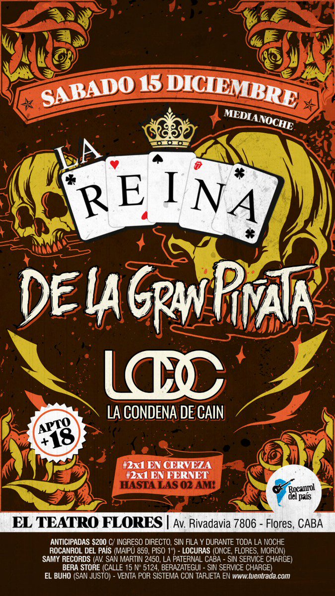 ESTE SÁBADO (madrugada de domingo)
<a href="/DLGP_oficial/">De La Gran Piñata</a> junto a <a href="/lacondenadecain/">La Condena de Caín</a> en #LaReina del <a href="/TeatroFlores/">Teatro Flores 🎭</a> 

Anticipadas con descuento en: Samy Records y Bera Store (SIN SERVICE CHARGE) - Rocanrol del País - Locuras - El Buho - y a través de <a href="/tuentrada/">TuEntrada.com</a> 
Info: facebook.com/events/1343577…